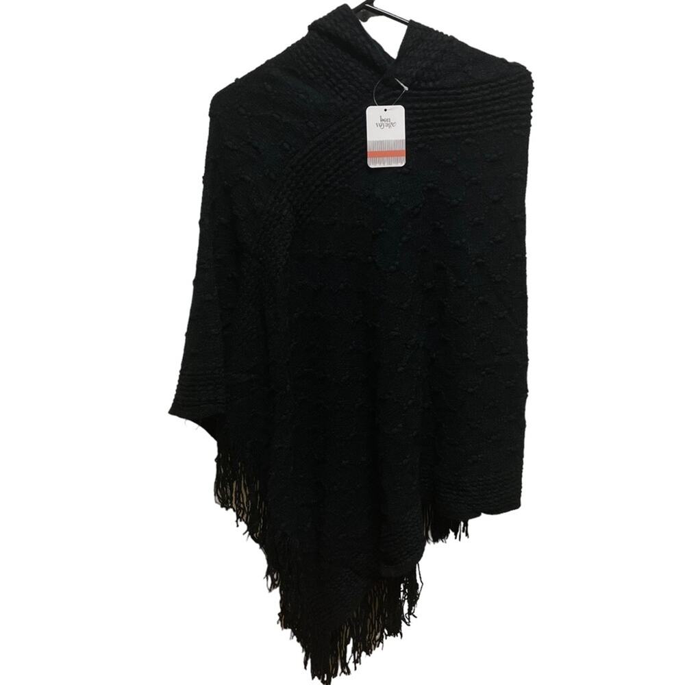 Bon Voyage Black Asymmetrical Fringe Hooded Poncho Sweater Small NWT